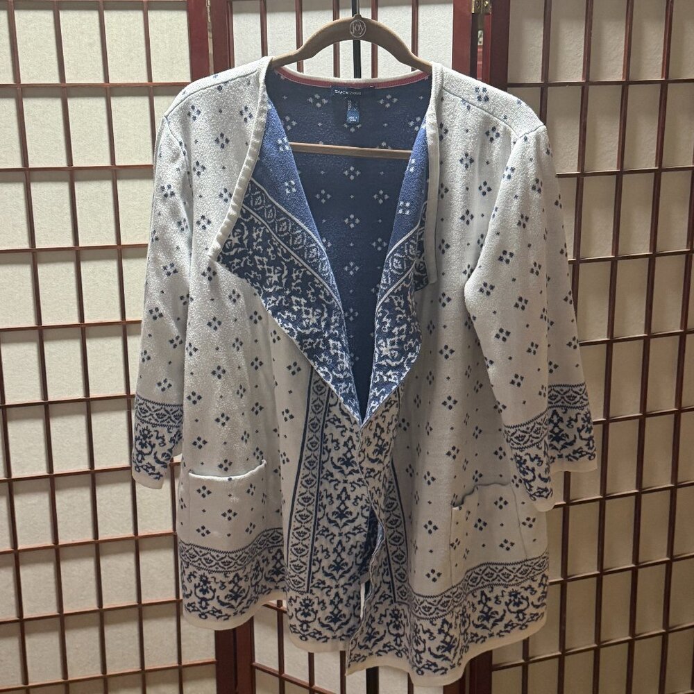 Isaac Mizrahi Live! Women’s True Denim Jacquard Sweater – Ivory/Blue – Size L